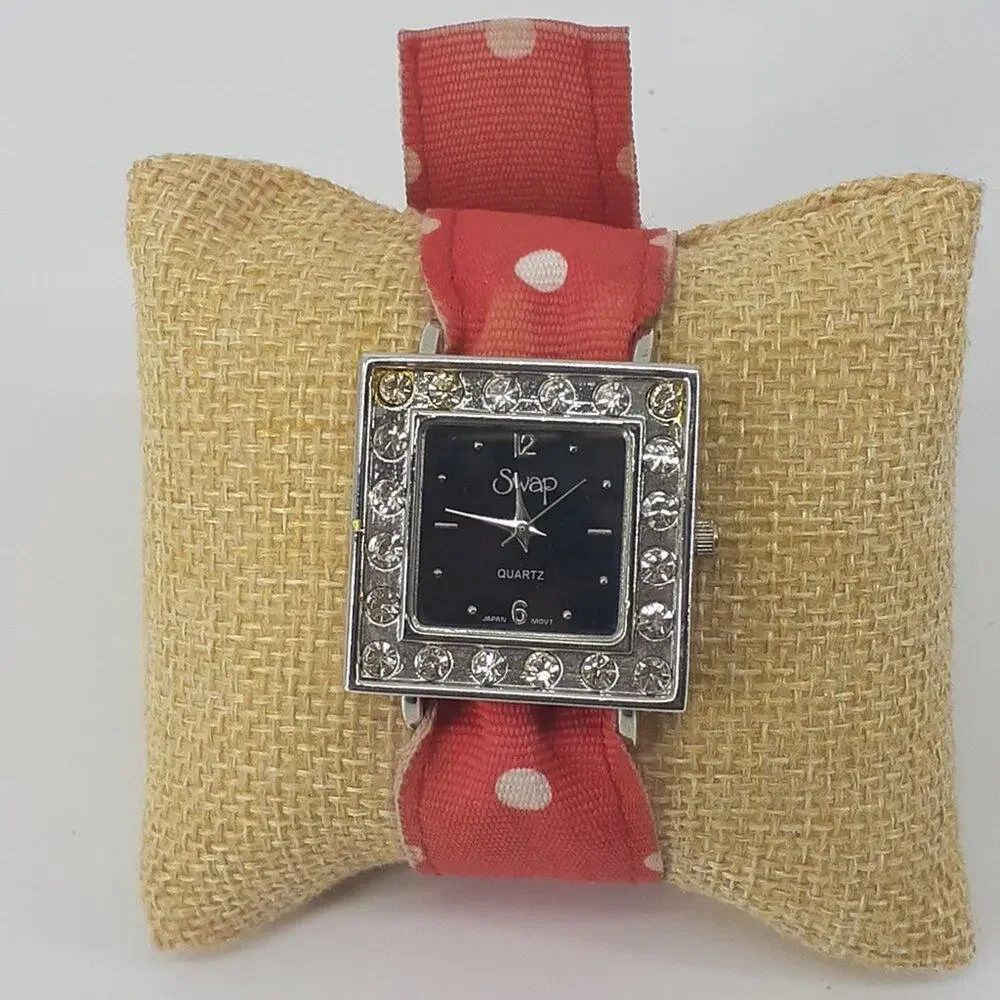 Swap Women Ribbon Wristwatch Red White Polka dot Rhinestone